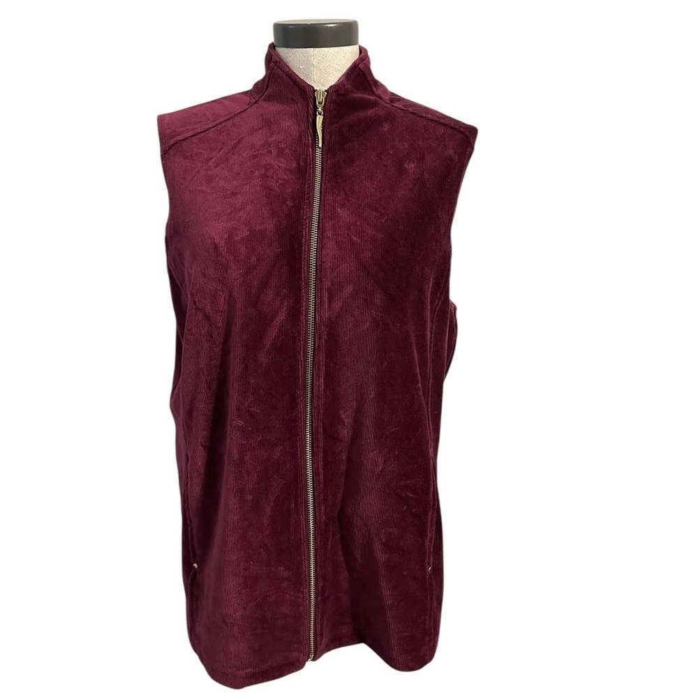 Susan Graver Weekend Ribbed Velour Zip Front Knit Vest Wine Burgundy‎ Womens L